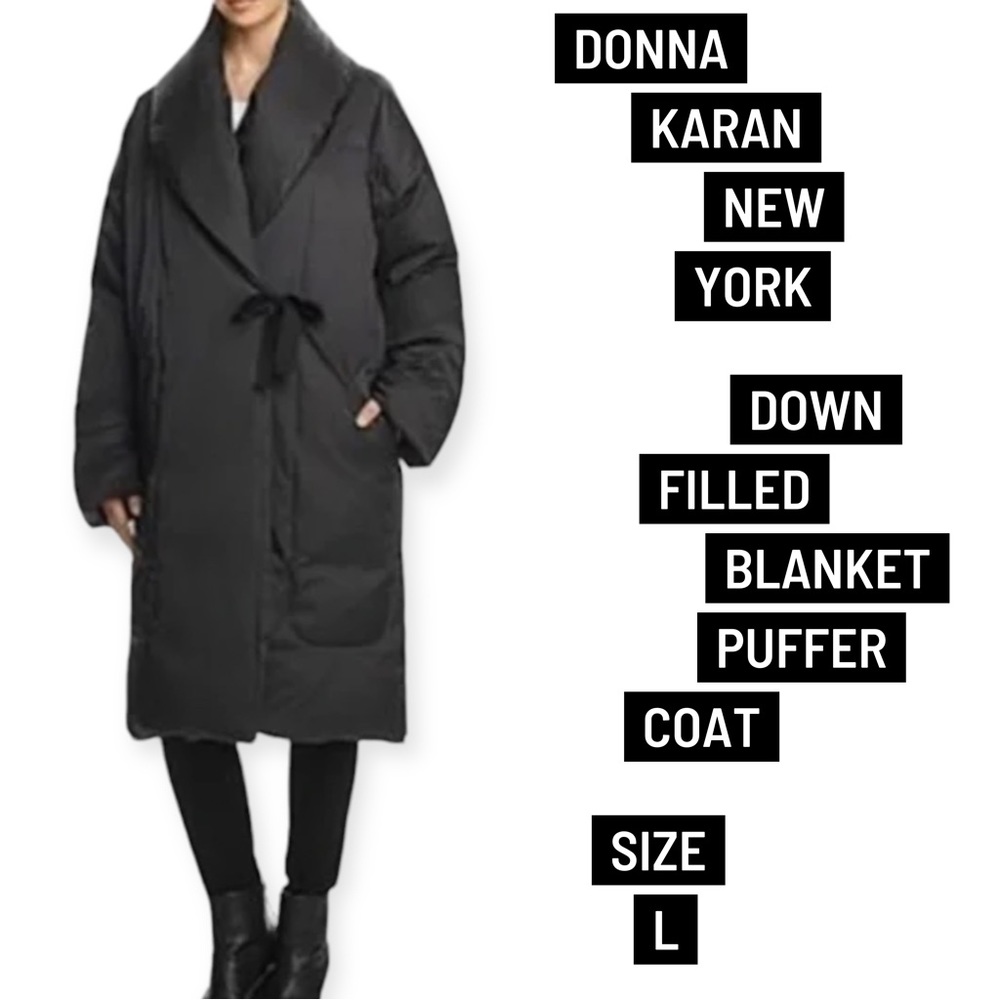 Donna Karan New York black down filled puffer blanket kimono style wrap coat L
